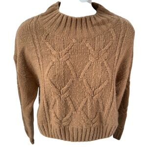 Womens Cable Knit Cropped Sweater Sz Small Camel Brown Mock Neck Academia Chunky